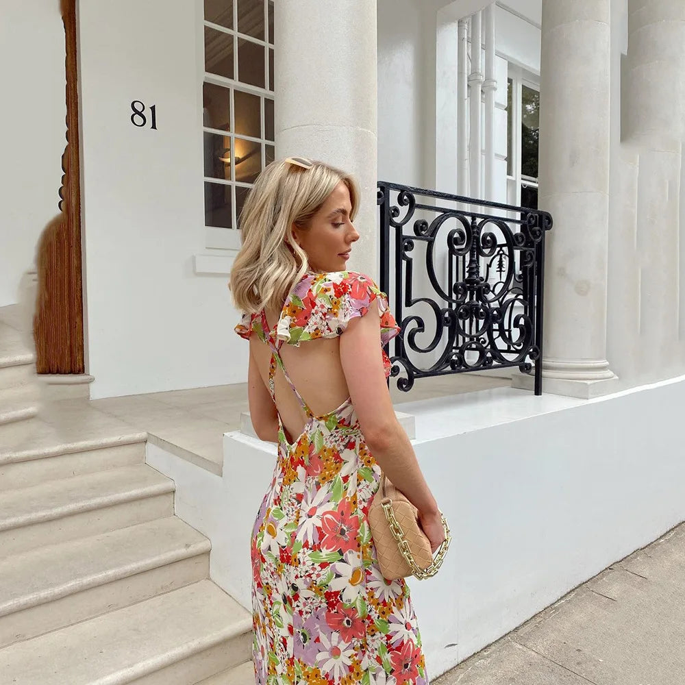 Women's Floral Dress - V-Neck - Fitted Waist - Flutter Sleeve - Elegant Maxi
