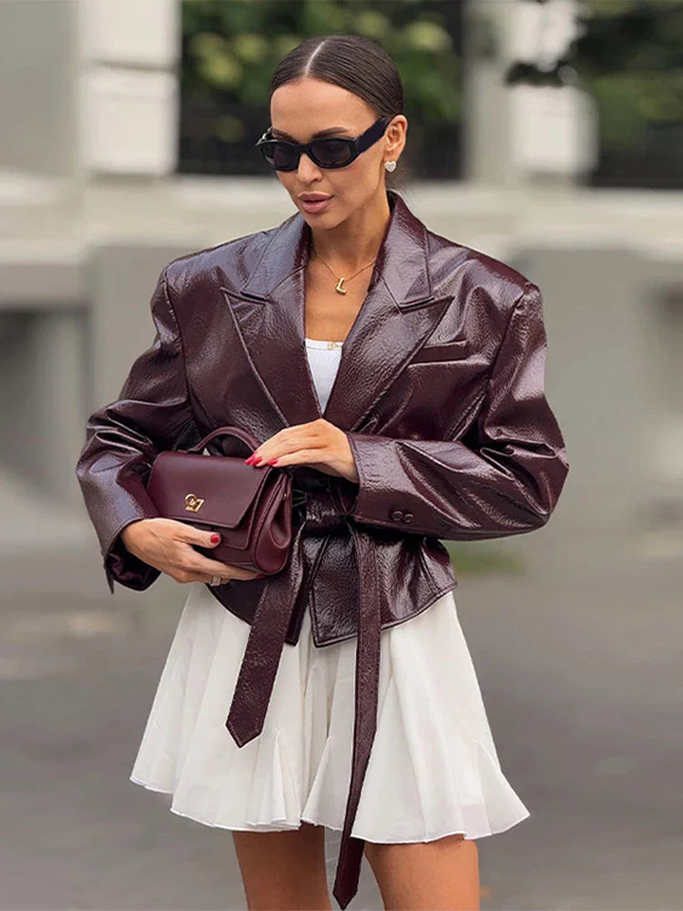 Women’s Leather Jacket – Oversized Fit – Belted Waist – Shoulder Pads – V-Neck