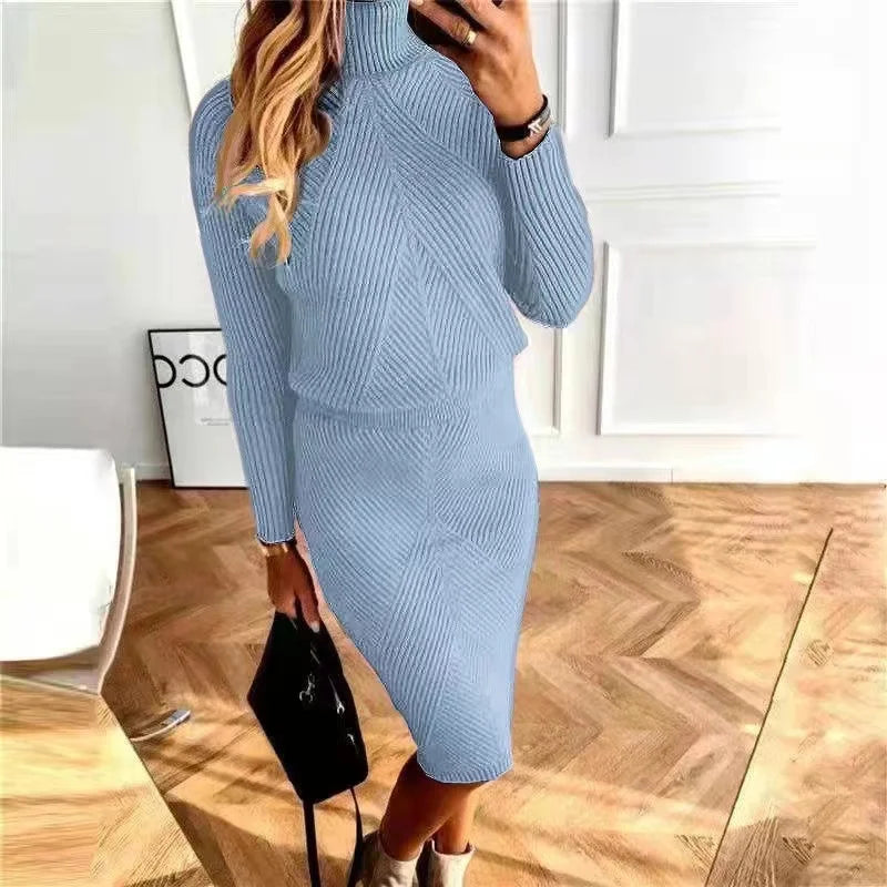 Women's turtleneck knit sweater skirt set
