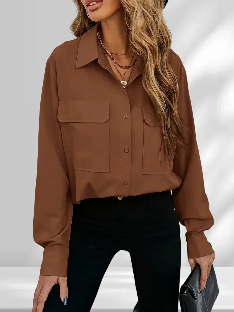 Solid brown button-up long sleeve shirt for women