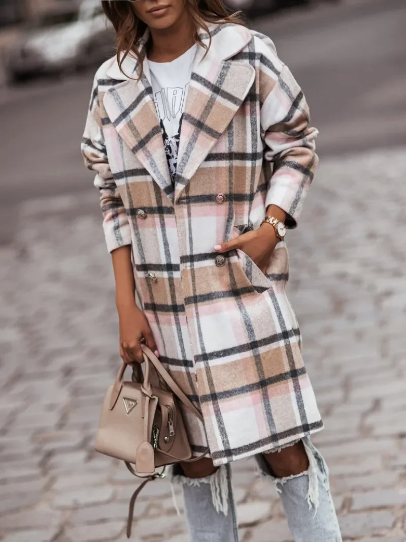 Women's mid-length plaid coat