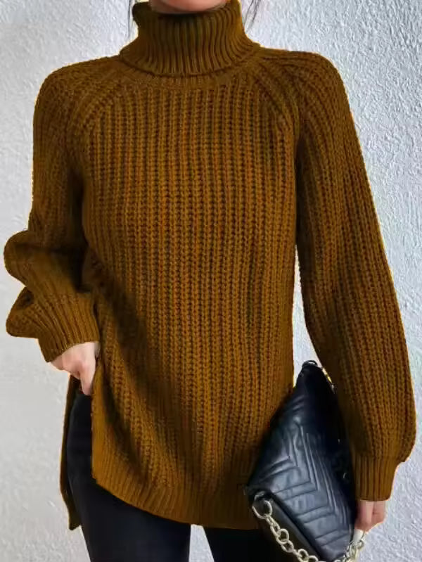 Women’s Sweater - Ribbed Knit - Oversized Fit - Turtleneck - Side Split Hem