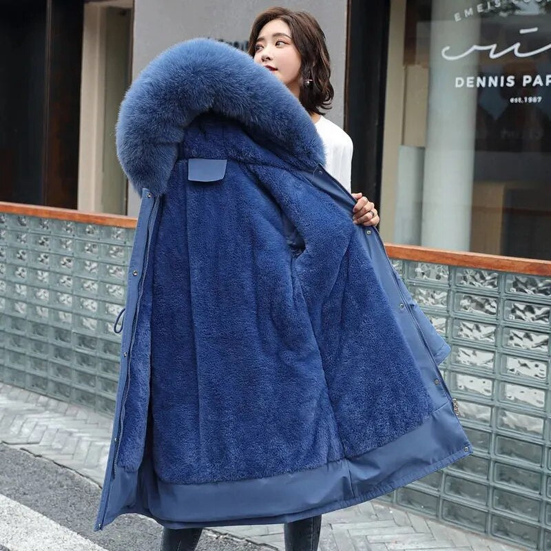 Fuzzy Trim Drawstring Hooded Zip-Up Parka Coat
