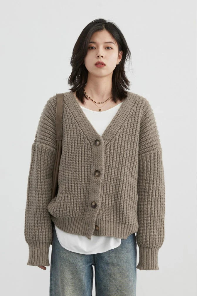 Women’s Knit Cardigan – Chunky Ribbed – Oversized Fit – Button Front – V-Neck