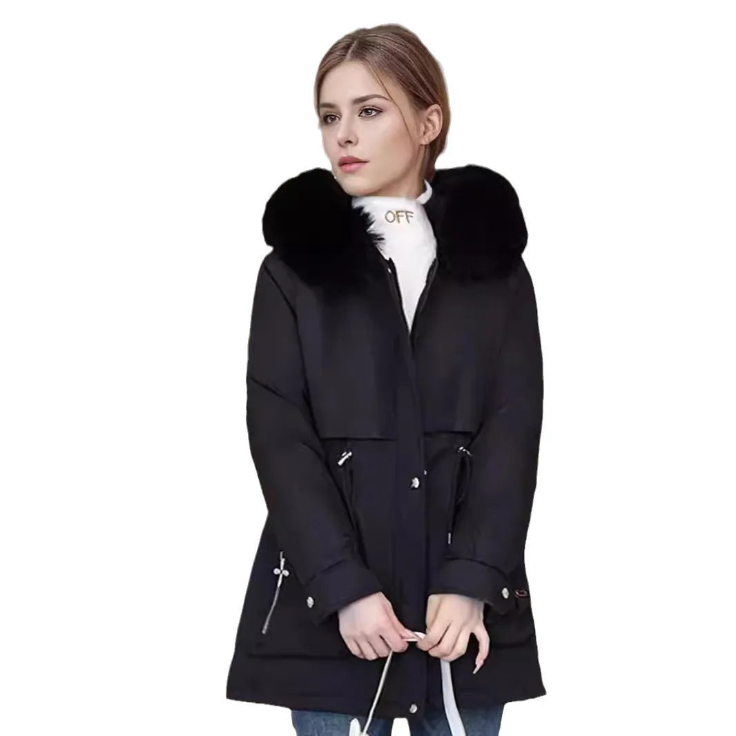 Women's winter parka coat with drawstring waist and fur collar