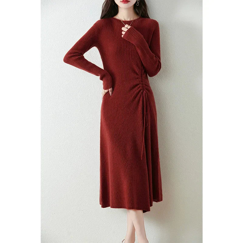 Waist Slimming Pleated Long Sleeve Dress