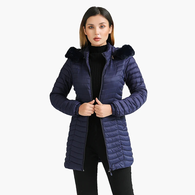 Women's slim fit winter puffer jacket with fur hood