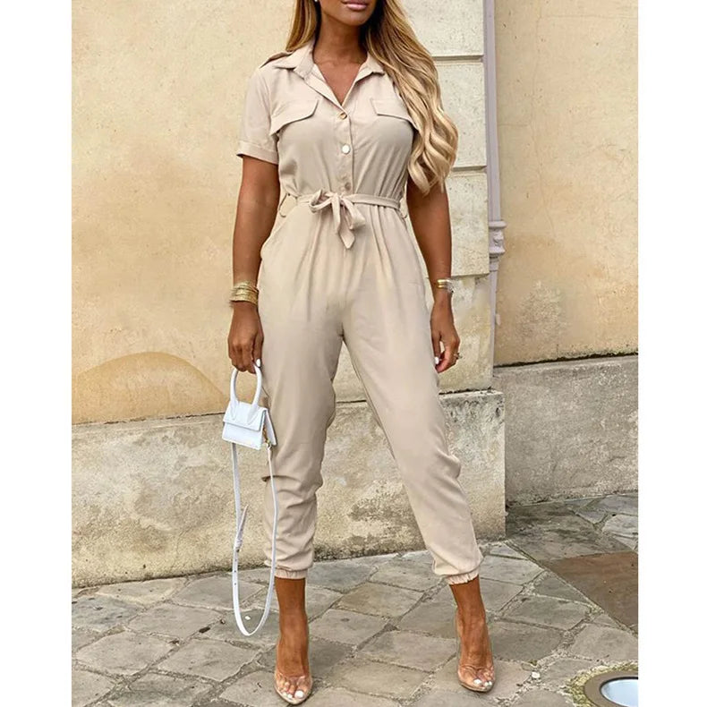 Women's monochromatic summer workwear jumpsuit with belt