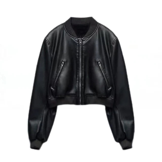 Women’s Bomber Jacket - Cropped Fit - Faux Leather - Zip Front - Ribbed Collar & Cuffs