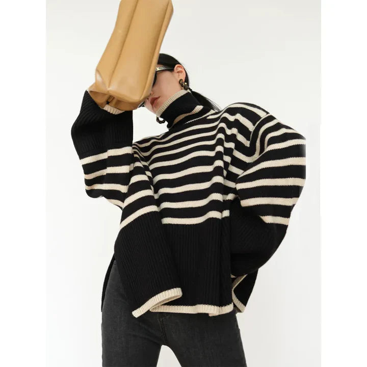 Women’s Turtleneck Pullover – Oversized Fit – Ribbed Knit – Striped Casual Sweater