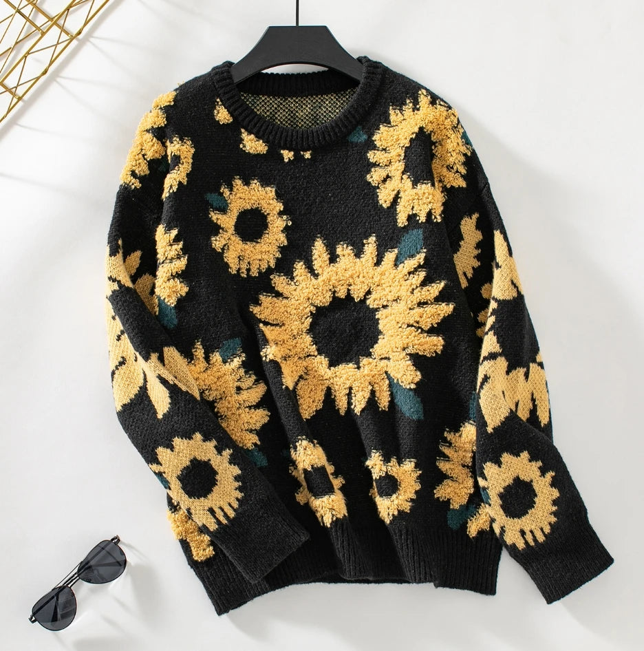 Women's sunflower embroidered round neck long sleeve pullover sweater