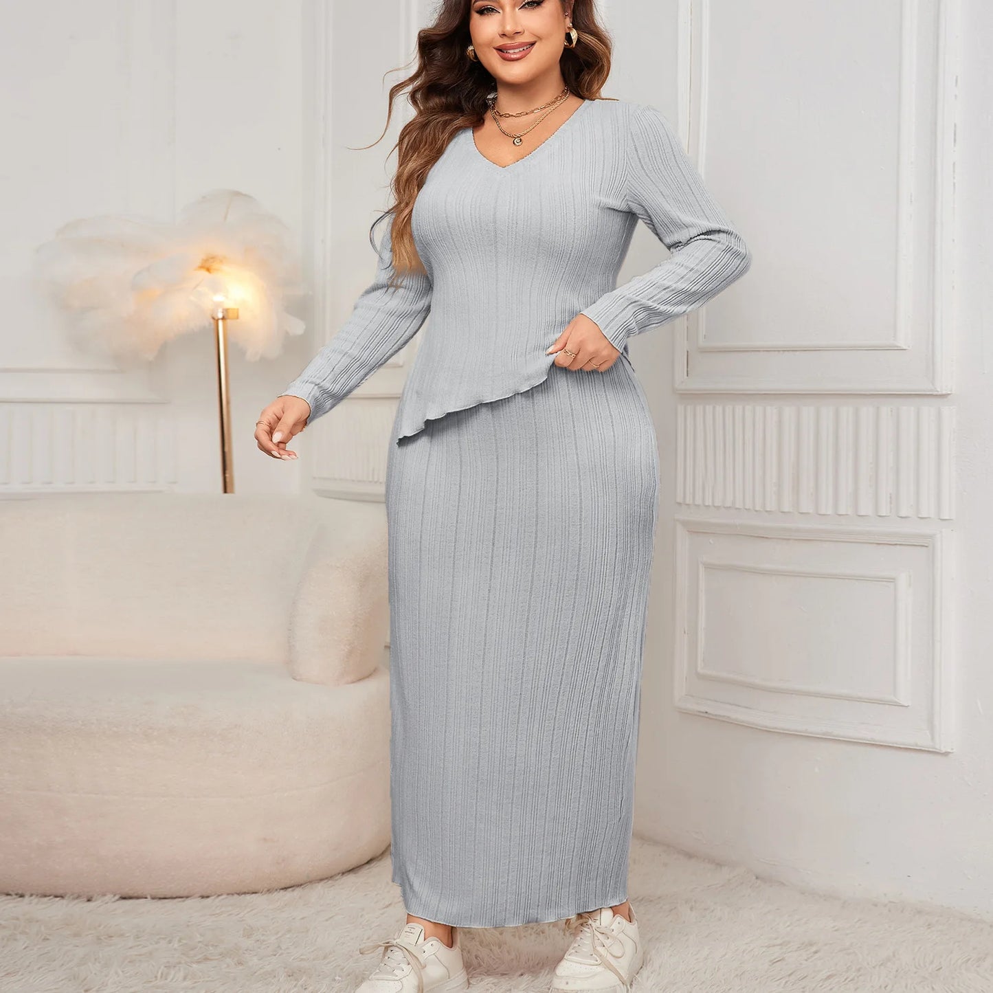 Women's Ribbed Knit Two-Piece Set - V-Neck Top & Maxi Skirt - Slim Fit