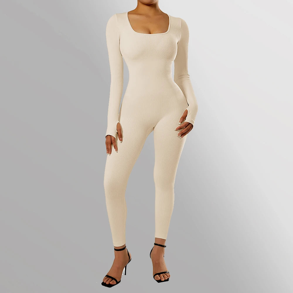 Women's Bodycon Jumpsuit - Long Sleeve Scooped Neck - Stretchable Full-Length Fit