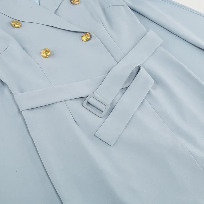 Women's Blazer Dress - Double-Breasted - Cape Overlay - Belted Waist - Tailored Fit