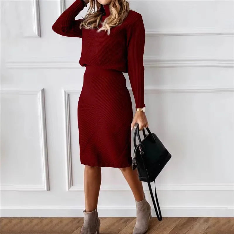 Women's turtleneck knit sweater skirt set