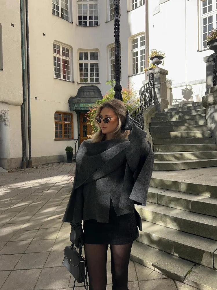 Women's elegant solid color asymmetric scarf coat
