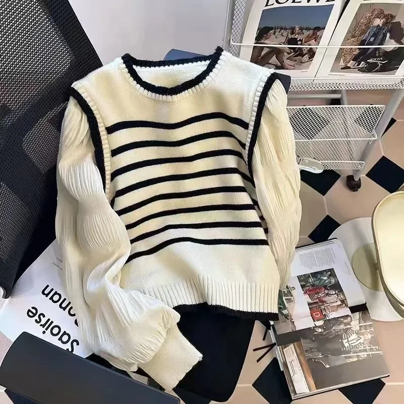 Women's chic stripe knit balloon sleeve sweater
