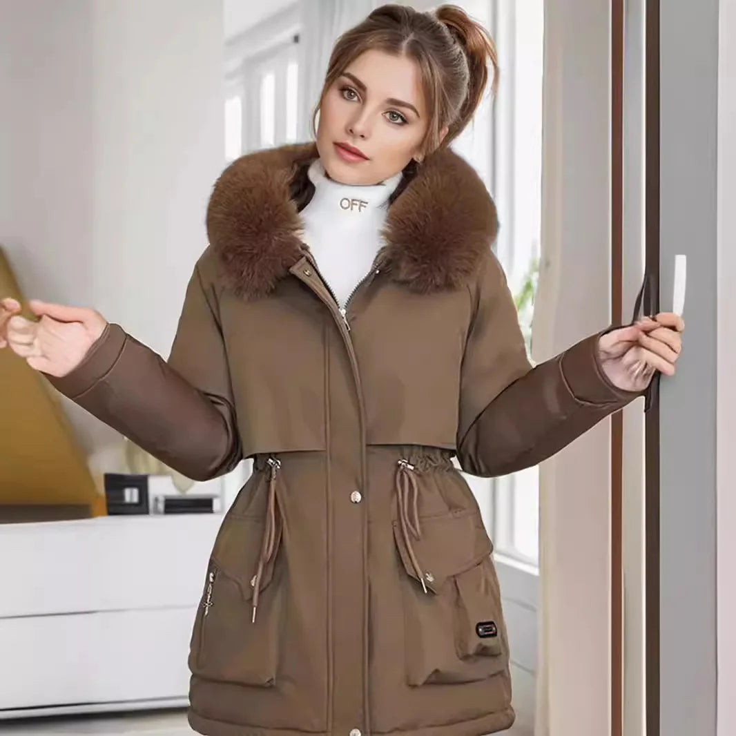Women's winter parka coat with drawstring waist and fur collar