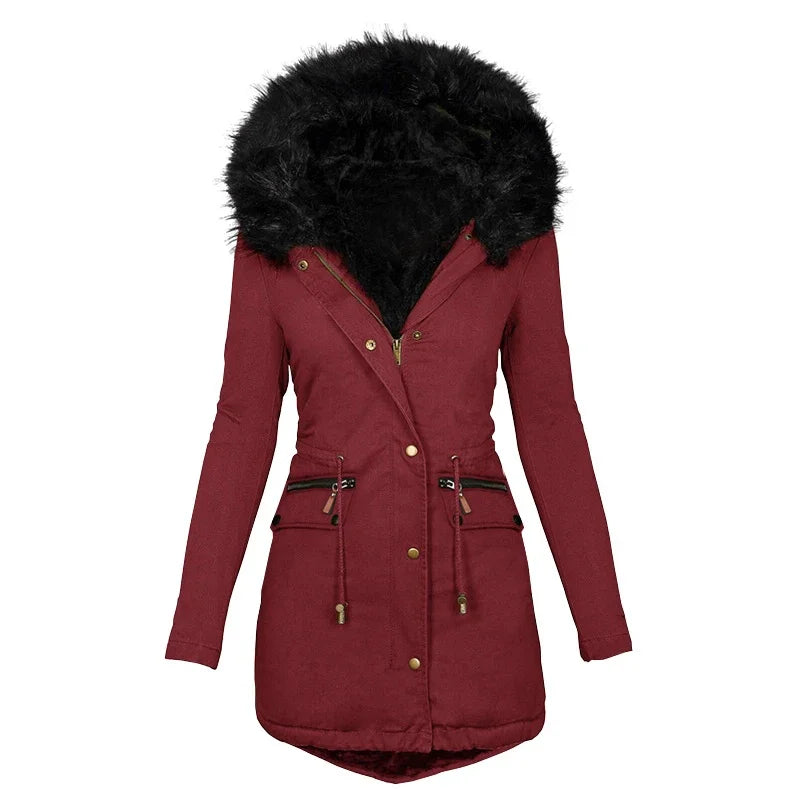 Women's fluffy hooded winter jacket with fur collar