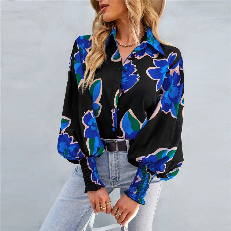 Women's Blouse - Floral Print - Relaxed Fit - Long Sleeve Smocked Cuffs - V-Neck Buttons