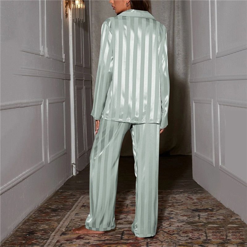 Striped long-sleeve pajama set with button-down for women
