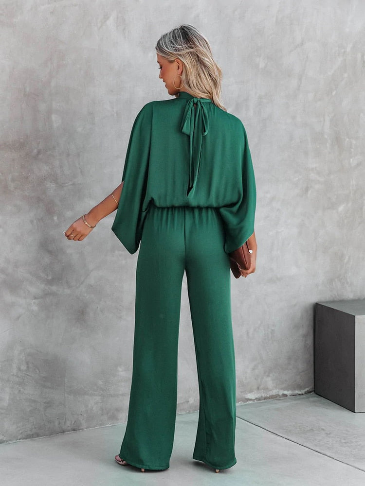 Women's Jumpsuit - High Neck - Draped Cape Sleeves - Wide Leg - Elegant Flowy Fit