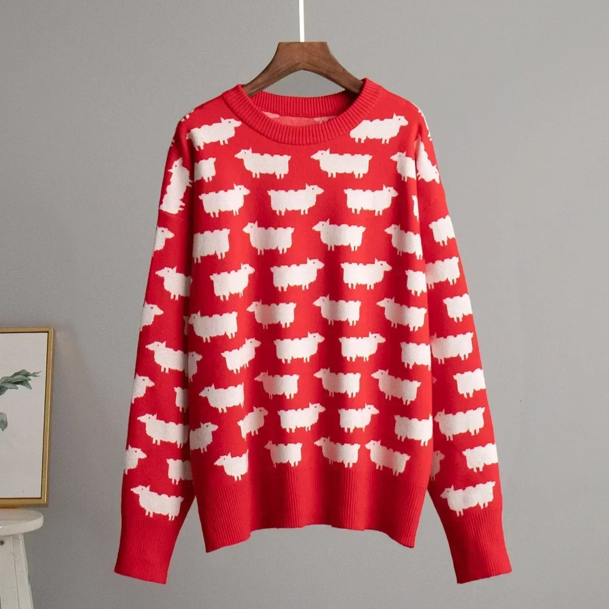 Women's Knit Sweater - Crew Neck - Relaxed Fit - Sheep Pattern Casual Pullover