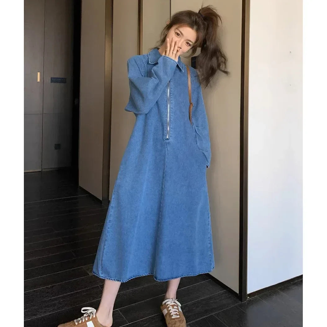 Women's french style long sleeve retro denim dress