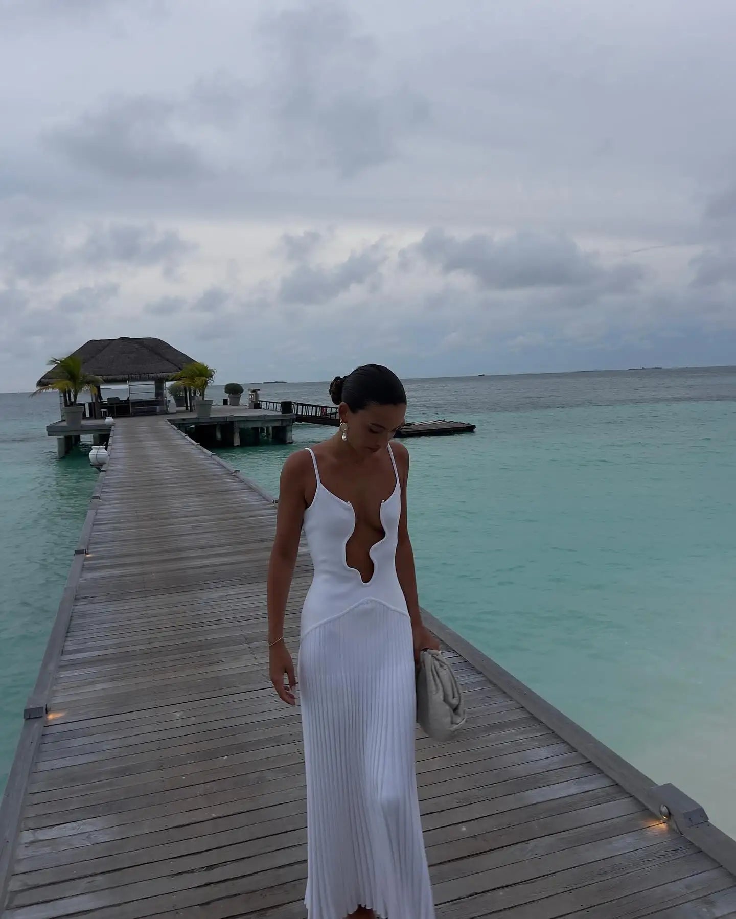 Women's Evening Gown - Plunging Neckline - Cutout Design - Floor-Length Elegant Fit