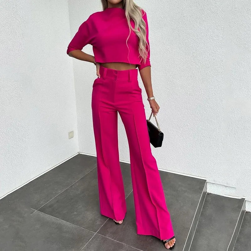 Women's elegant casual crop top and high waist wide leg trouser set