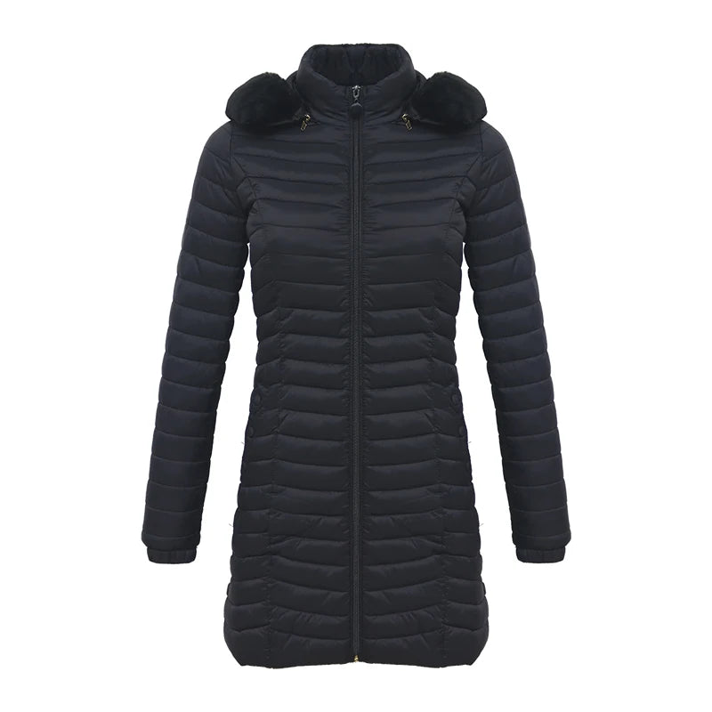 Women's slim fit winter puffer jacket with fur hood