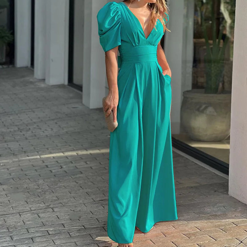 Women's Jumpsuit - Tailored Fit - Puff Sleeve - Deep V-Neck - Wide-Leg Elegant Style