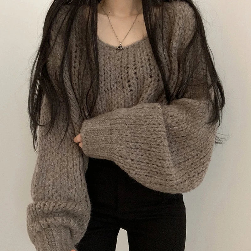 Hollow Out Lantern Sleeve Knitted Pullover Sweater