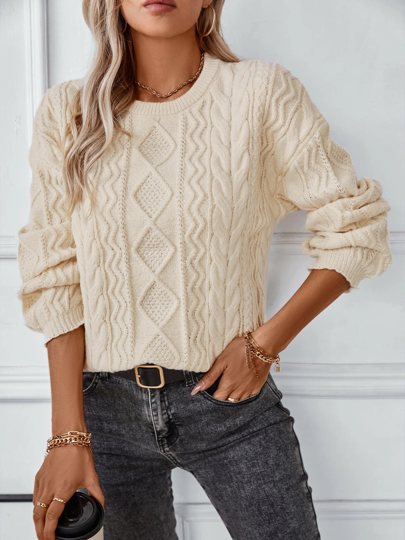 Women's retro chunky knit pullover sweater autumn winter