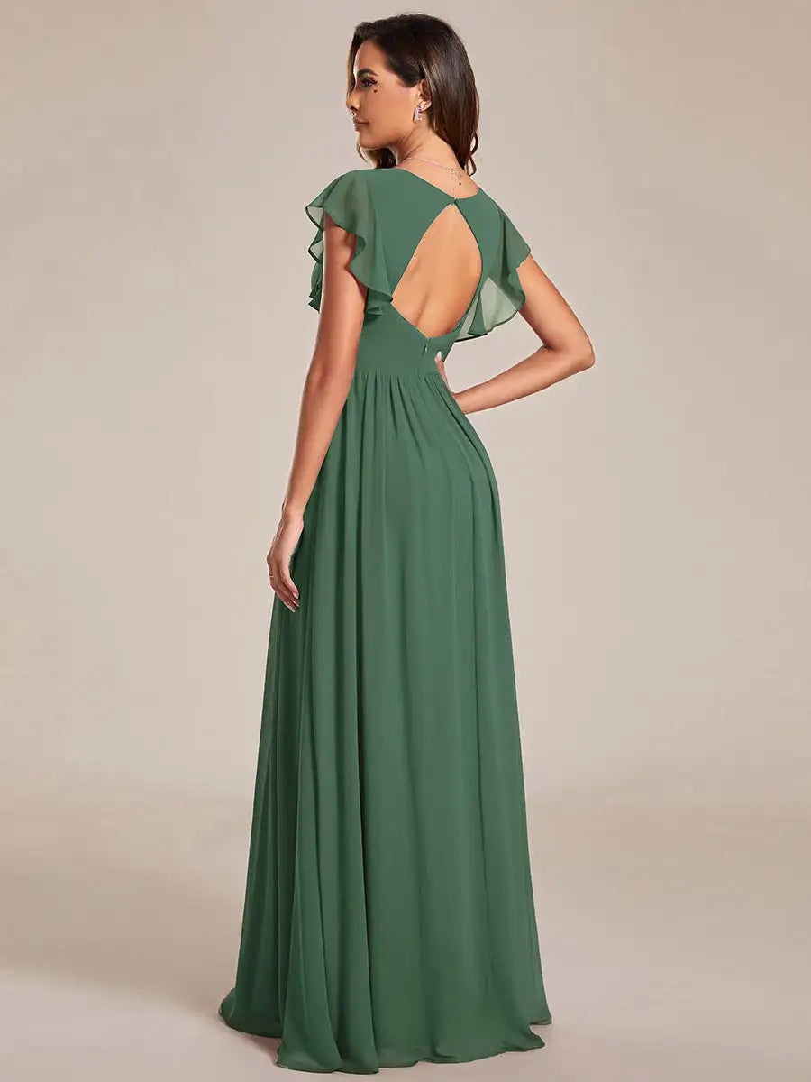 Women’s Evening Gown – Chiffon A-Line – V-Neck – Flutter Sleeve – Empire Waist