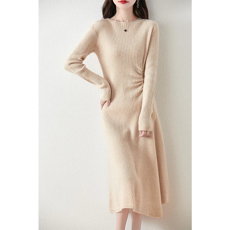 Waist Slimming Pleated Long Sleeve Dress