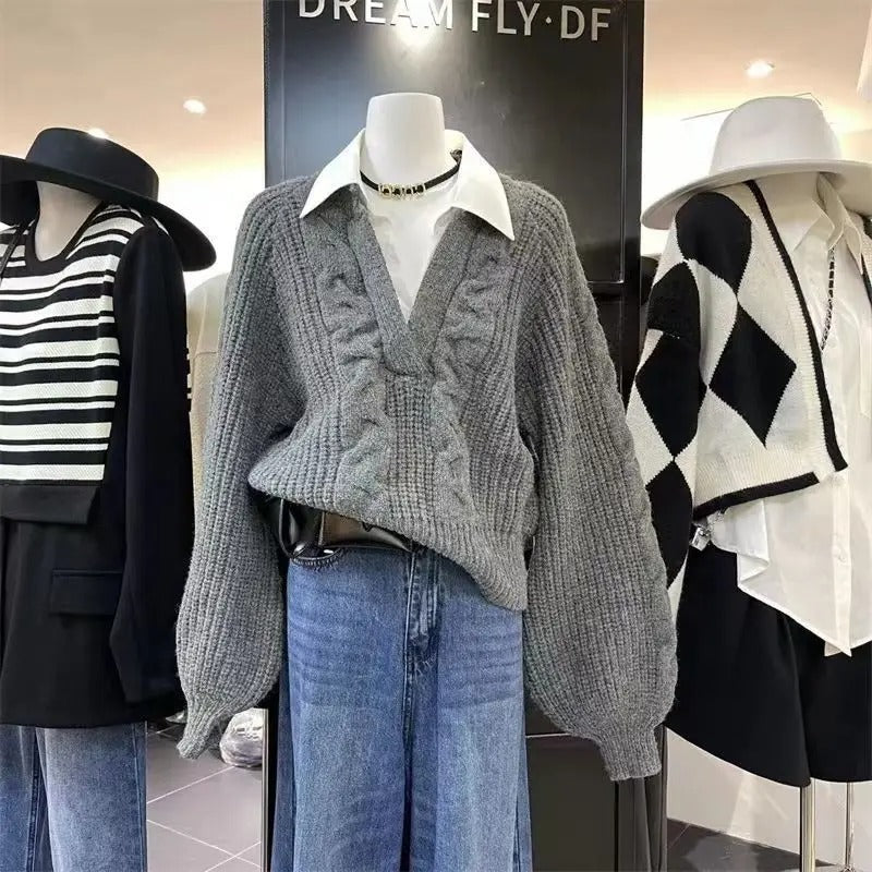 Women's Knitted Sweater - Cable Knit - V-Neck Cropped - Long Balloon Sleeves