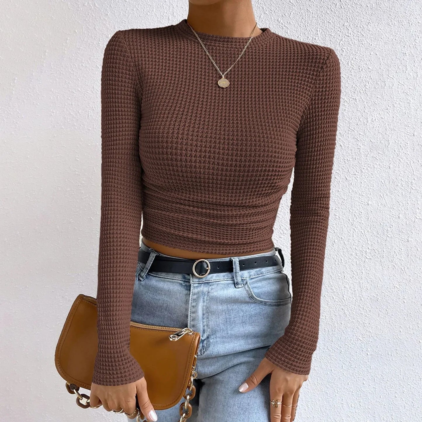 Women's basic waffle long sleeve t-shirt slim fit top