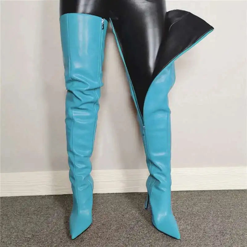 Women’s Over-the-Knee Boots – High Heel – Pointed Toe – Glossy Faux Leather – Zipper Closure