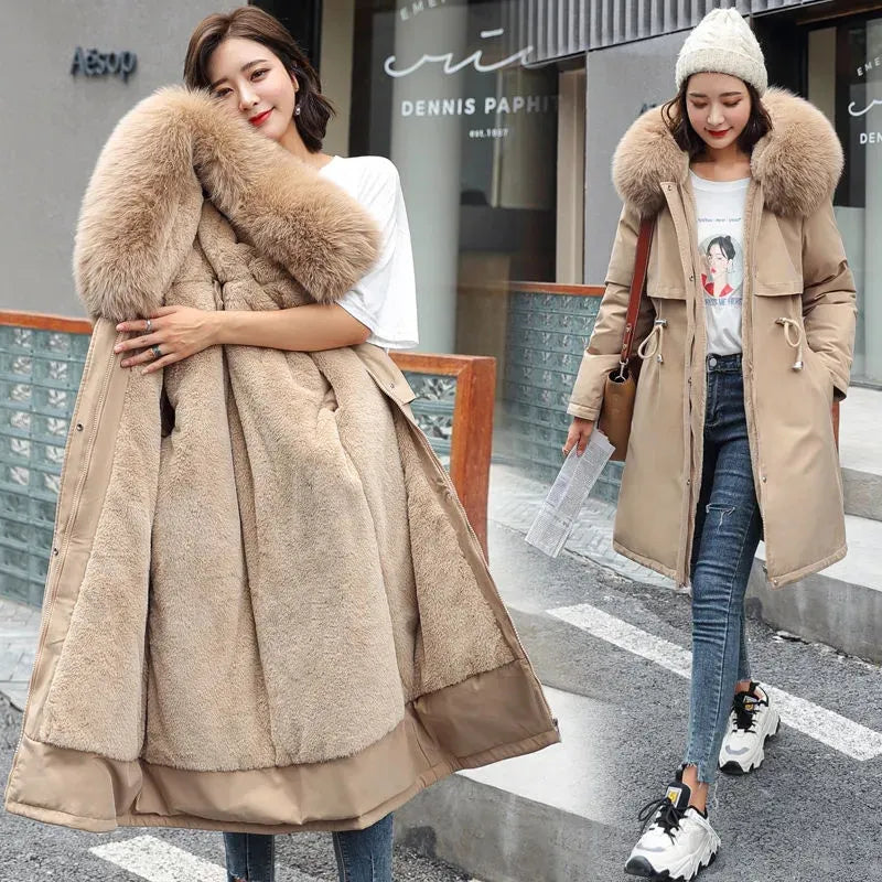 Fuzzy Trim Drawstring Hooded Zip-Up Parka Coat