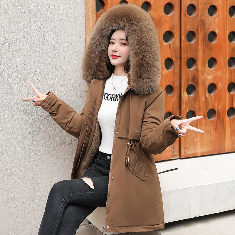 Women's winter jacket lined with removable fur faux collar and hood