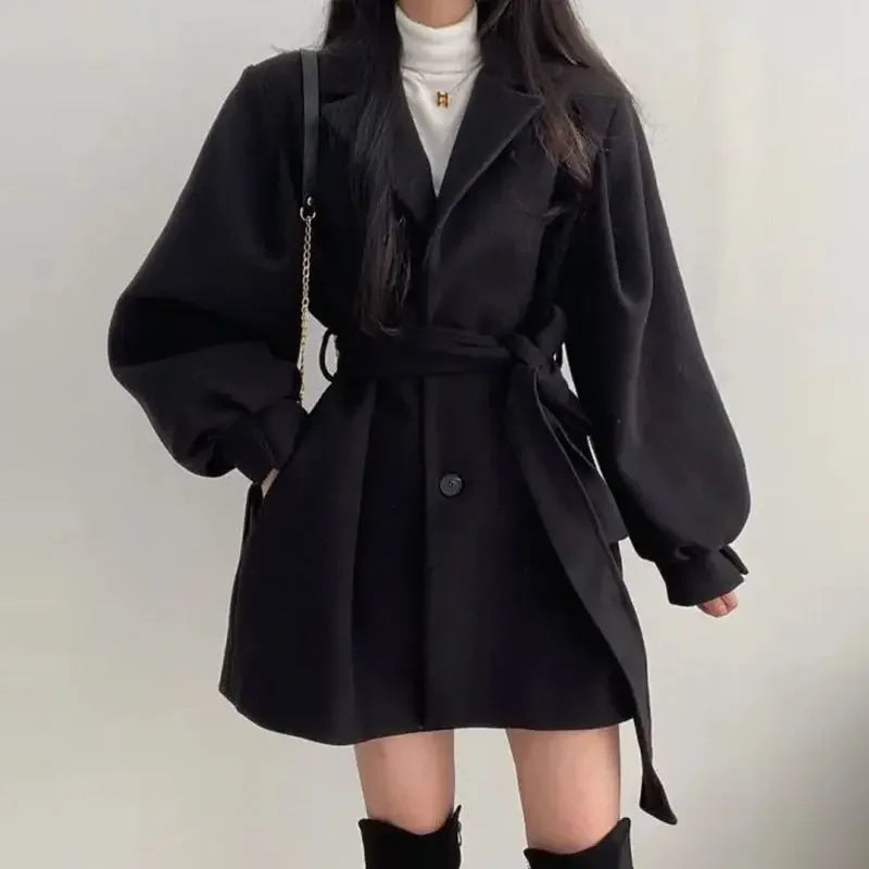 Women's trendy medium-length suit collar overcoat