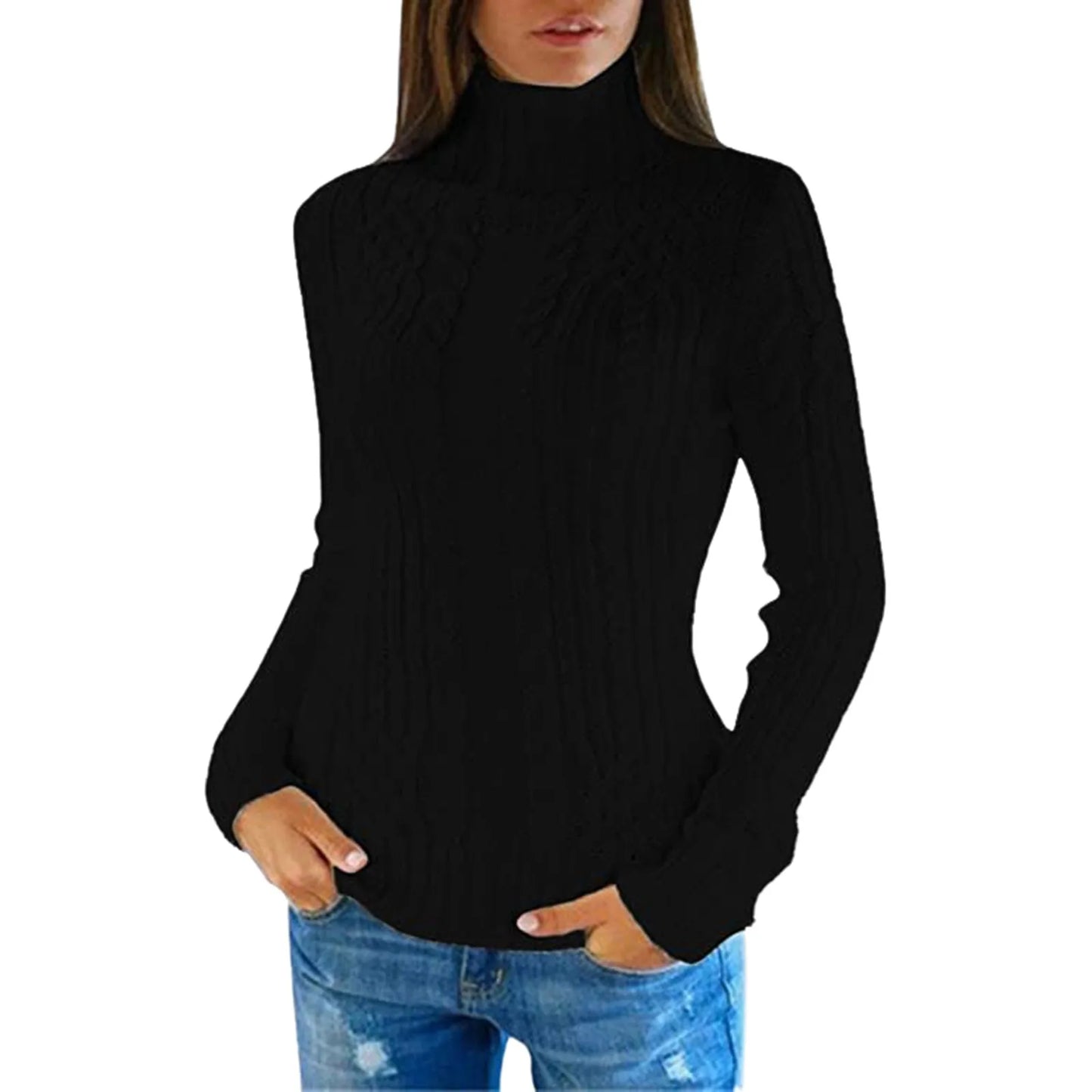 High-neck cable knit sweater for women