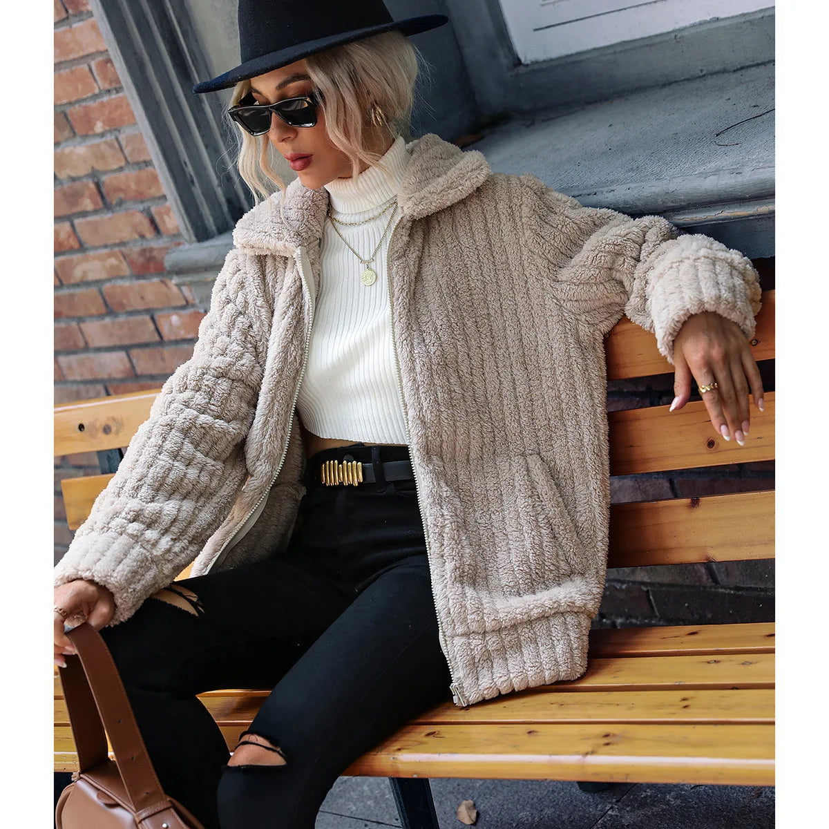 Women's velvet lapel medium-length coat