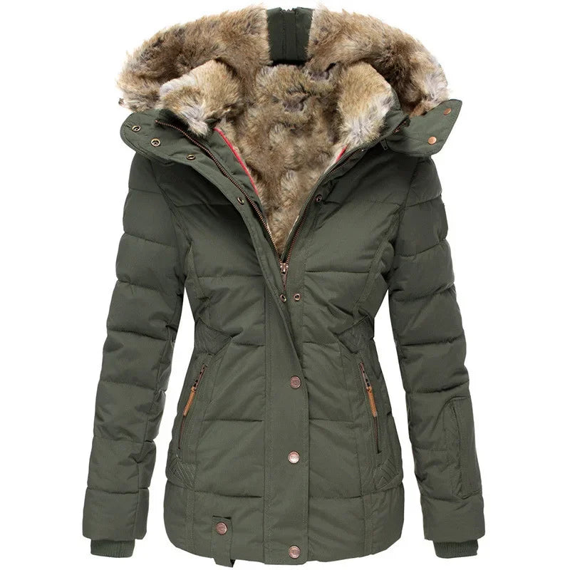 Women's winter hooded coat with zipper and snap buttons
