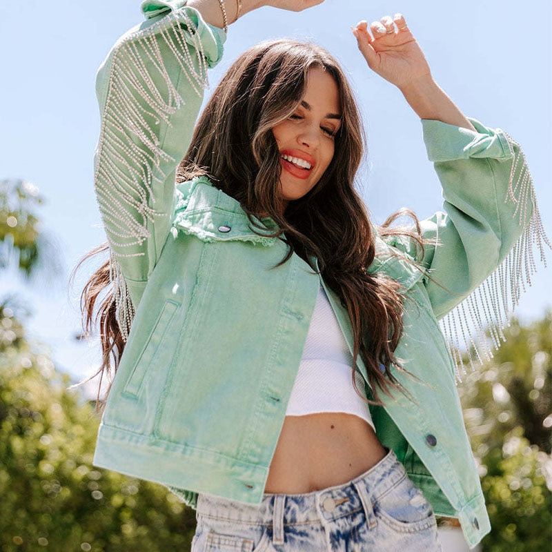 Women's denim jacket with glitter fringes