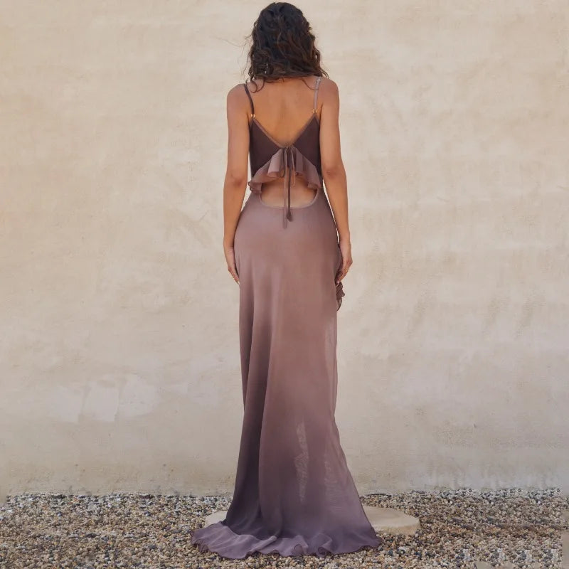Women's Evening Gown - Satin Elegance - Sleeveless Fitted Design - Ruffle High Slit
