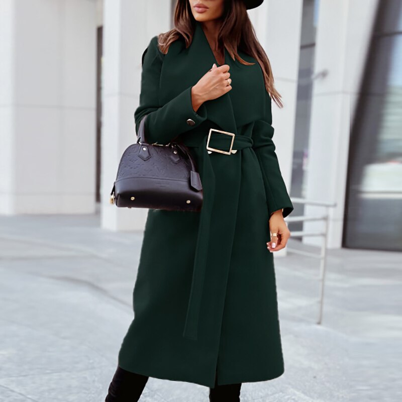 Women's knee-length belted lapel trench coat