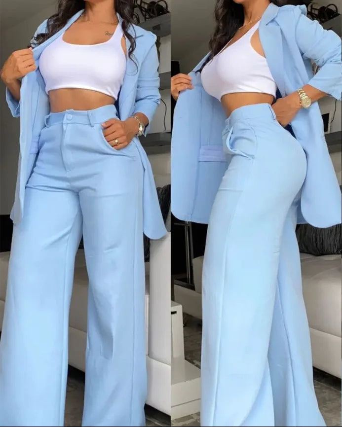 Women's blazer suit with slit sleeves and high waist wide leg trousers two-piece set