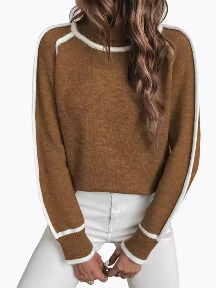 Women’s Sweater – Knit Relaxed Fit – High Roll Neck – Stripe Sleeve Detail